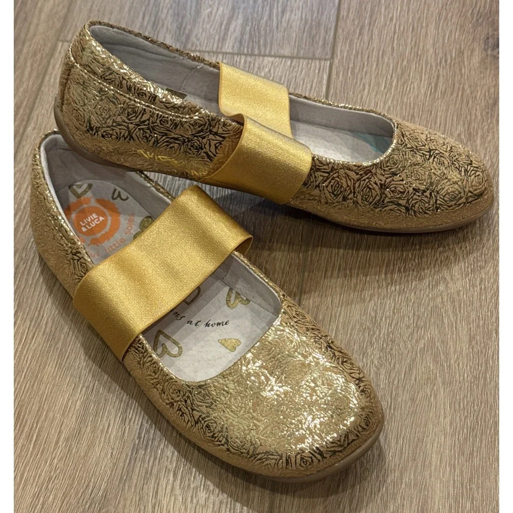 Girls Aria Livie & Luca Sz 3Y Ballet Flat Gold Shimmer Shoes EUC Quality Comfort